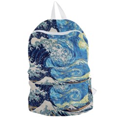 The Great Wave Of Kanagawa Painting Starry Night Vincent Van Gogh Foldable Lightweight Backpack by danenraven