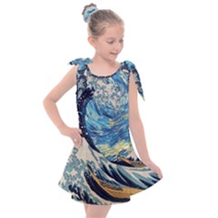 The Great Wave Of Kanagawa Painting Starry Night Vincent Van Gogh Kids  Tie Up Tunic Dress by danenraven