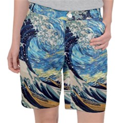 The Great Wave Of Kanagawa Painting Starry Night Vincent Van Gogh Pocket Shorts by danenraven