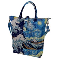 The Great Wave Of Kanagawa Painting Starry Night Vincent Van Gogh Buckle Top Tote Bag by danenraven