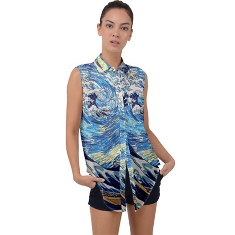 The Great Wave Of Kanagawa Painting Starry Night Vincent Van Gogh Sleeveless Chiffon Button Shirt by danenraven