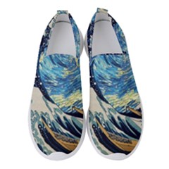 The Great Wave Of Kanagawa Painting Starry Night Vincent Van Gogh Women s Slip On Sneakers by danenraven