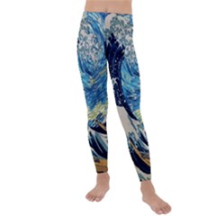 The Great Wave Of Kanagawa Painting Starry Night Vincent Van Gogh Kids  Lightweight Velour Leggings by danenraven