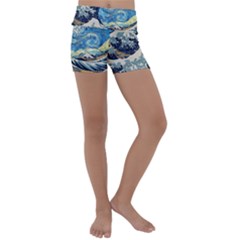 The Great Wave Of Kanagawa Painting Starry Night Vincent Van Gogh Kids  Lightweight Velour Yoga Shorts by danenraven