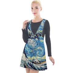 The Great Wave Of Kanagawa Painting Starry Night Vincent Van Gogh Plunge Pinafore Velour Dress by danenraven