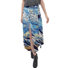 The Great Wave Of Kanagawa Painting Starry Night Vincent Van Gogh Velour Split Maxi Skirt by danenraven