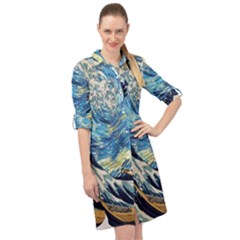 The Great Wave Of Kanagawa Painting Starry Night Vincent Van Gogh Long Sleeve Mini Shirt Dress by danenraven