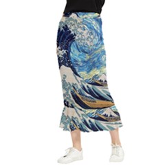 The Great Wave Of Kanagawa Painting Starry Night Vincent Van Gogh Maxi Fishtail Chiffon Skirt by danenraven