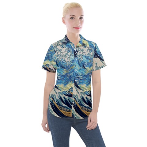 The Great Wave Of Kanagawa Painting Starry Night Vincent Van Gogh Women s Short Sleeve Pocket Shirt by danenraven