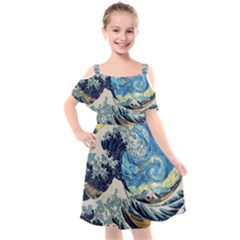 The Great Wave Of Kanagawa Painting Starry Night Vincent Van Gogh Kids  Cut Out Shoulders Chiffon Dress by danenraven