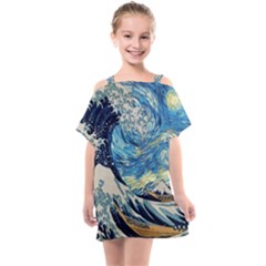 The Great Wave Of Kanagawa Painting Starry Night Vincent Van Gogh Kids  One Piece Chiffon Dress by danenraven