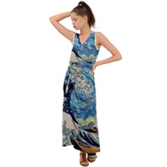 The Great Wave Of Kanagawa Painting Starry Night Vincent Van Gogh V-neck Chiffon Maxi Dress by danenraven