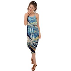 The Great Wave Of Kanagawa Painting Starry Night Vincent Van Gogh Waist Tie Cover Up Chiffon Dress by danenraven