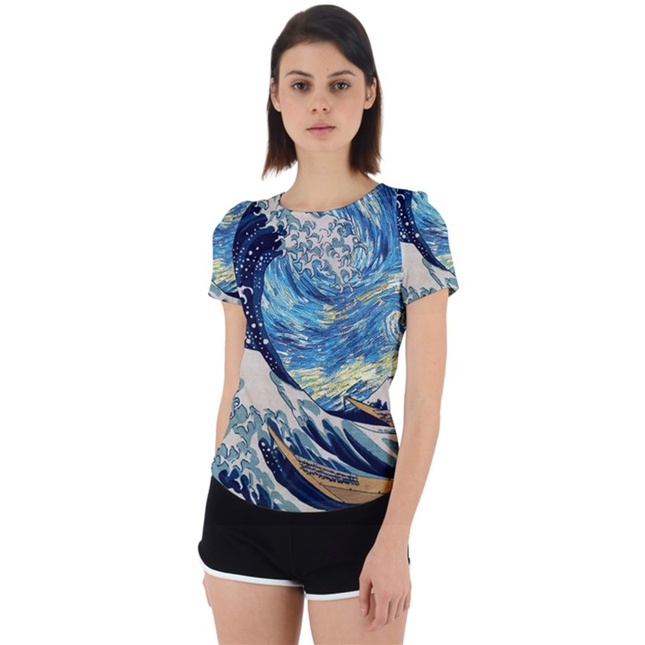 The Great Wave Of Kanagawa Painting Starry Night Vincent Van Gogh Back Cut Out Sport Tee