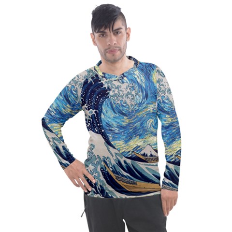 The Great Wave Of Kanagawa Painting Starry Night Vincent Van Gogh Men s Pique Long Sleeve Tee by danenraven