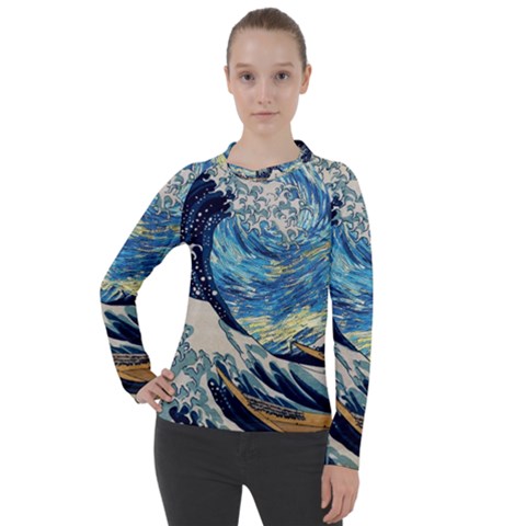 The Great Wave Of Kanagawa Painting Starry Night Vincent Van Gogh Women s Pique Long Sleeve Tee by danenraven