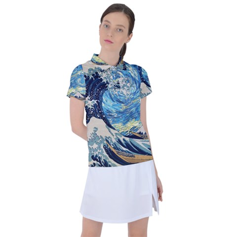 The Great Wave Of Kanagawa Painting Starry Night Vincent Van Gogh Women s Polo Tee by danenraven