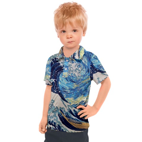 The Great Wave Of Kanagawa Painting Starry Night Vincent Van Gogh Kids  Polo Tee by danenraven