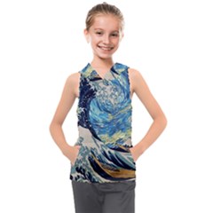 The Great Wave Of Kanagawa Painting Starry Night Vincent Van Gogh Kids  Sleeveless Hoodie by danenraven