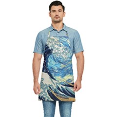 The Great Wave Of Kanagawa Painting Starry Night Vincent Van Gogh Kitchen Apron by danenraven