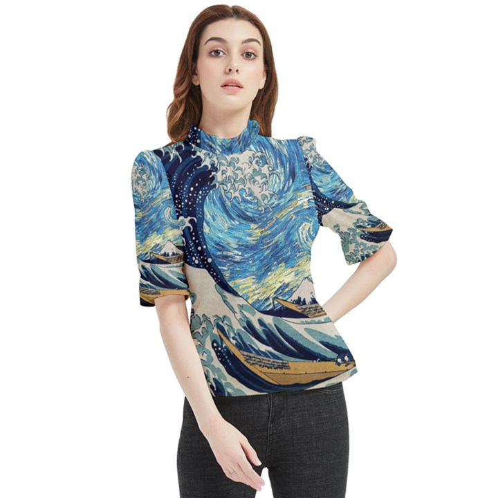 The Great Wave Of Kanagawa Painting Starry Night Vincent Van Gogh Frill Neck Blouse