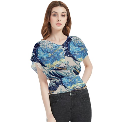 The Great Wave Of Kanagawa Painting Starry Night Vincent Van Gogh Butterfly Chiffon Blouse by danenraven