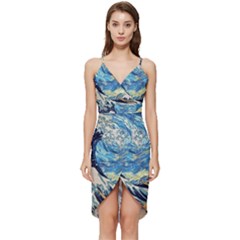 The Great Wave Of Kanagawa Painting Starry Night Vincent Van Gogh Wrap Frill Dress by danenraven