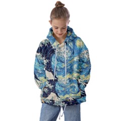 The Great Wave Of Kanagawa Painting Starry Night Vincent Van Gogh Kids  Oversized Hoodie by danenraven