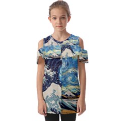 The Great Wave Of Kanagawa Painting Starry Night Vincent Van Gogh Fold Over Open Sleeve Top by danenraven