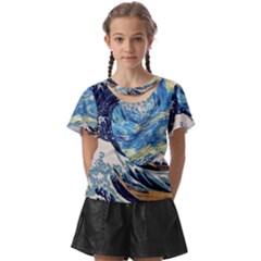 The Great Wave Of Kanagawa Painting Starry Night Vincent Van Gogh Kids  Front Cut Tee by danenraven