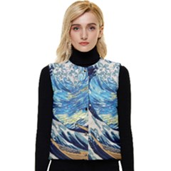 The Great Wave Of Kanagawa Painting Starry Night Vincent Van Gogh Women s Short Button Up Puffer Vest by danenraven