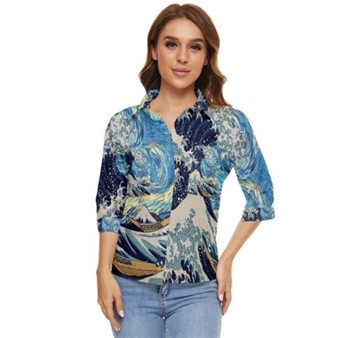 The Great Wave Of Kanagawa Painting Starry Night Vincent Van Gogh Women s Quarter Sleeve Pocket Shirt by danenraven