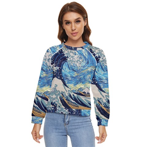 The Great Wave Of Kanagawa Painting Starry Night Vincent Van Gogh Women s Long Sleeve Raglan Tee by danenraven