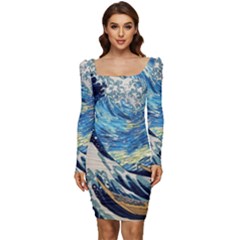 The Great Wave Of Kanagawa Painting Starry Night Vincent Van Gogh Women Long Sleeve Ruched Stretch Jersey Dress by danenraven