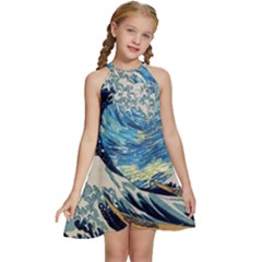 The Great Wave Of Kanagawa Painting Starry Night Vincent Van Gogh Kids  Halter Collar Waist Tie Chiffon Dress by danenraven