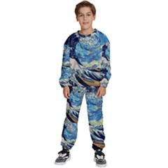 The Great Wave Of Kanagawa Painting Starry Night Vincent Van Gogh Kids  Sweatshirt Set by danenraven