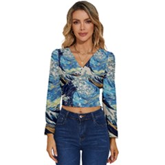 The Great Wave Of Kanagawa Painting Starry Night Vincent Van Gogh Long Sleeve V-neck Top by danenraven