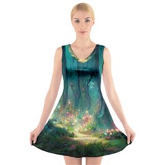 Magical Forest Forest Painting Fantasy V-neck Sleeveless Dress by danenraven