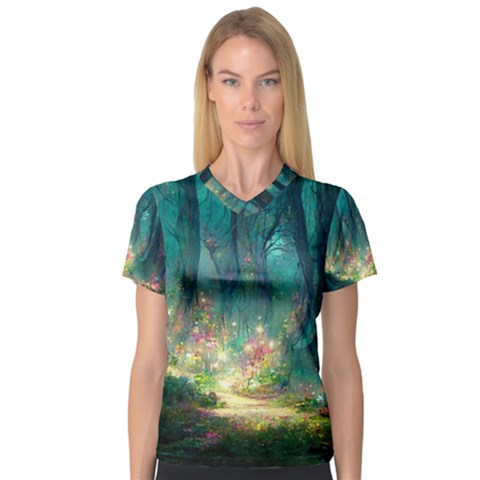 Magical Forest Forest Painting Fantasy V-neck Sport Mesh Tee by danenraven