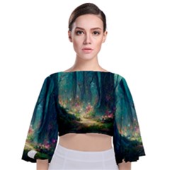 Magical Forest Forest Painting Fantasy Tie Back Butterfly Sleeve Chiffon Top by danenraven