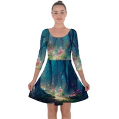 Magical Forest Forest Painting Fantasy Quarter Sleeve Skater Dress by danenraven