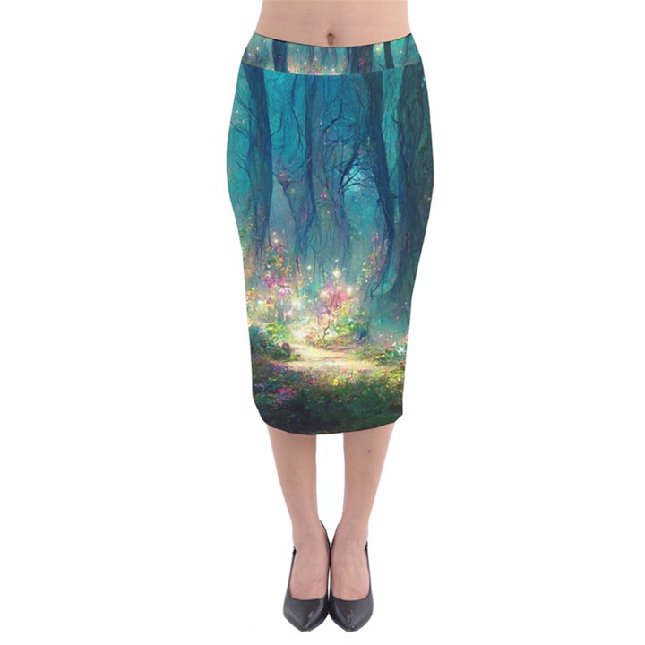 Magical Forest Forest Painting Fantasy Velvet Midi Pencil Skirt