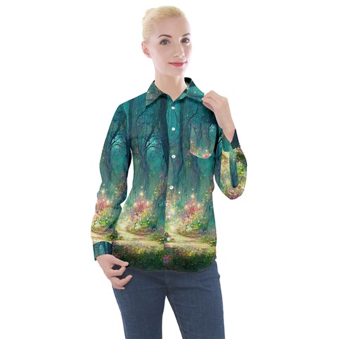 Magical Forest Forest Painting Fantasy Women s Long Sleeve Pocket Shirt by danenraven