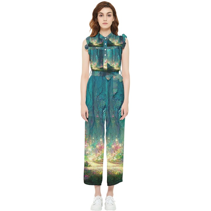 Magical Forest Forest Painting Fantasy Women s Frill Top Chiffon Jumpsuit