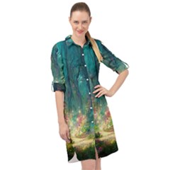 Magical Forest Forest Painting Fantasy Long Sleeve Mini Shirt Dress by danenraven