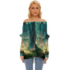 Magical Forest Forest Painting Fantasy Off Shoulder Chiffon Pocket Shirt by danenraven