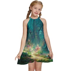 Magical Forest Forest Painting Fantasy Kids  Halter Collar Waist Tie Chiffon Dress