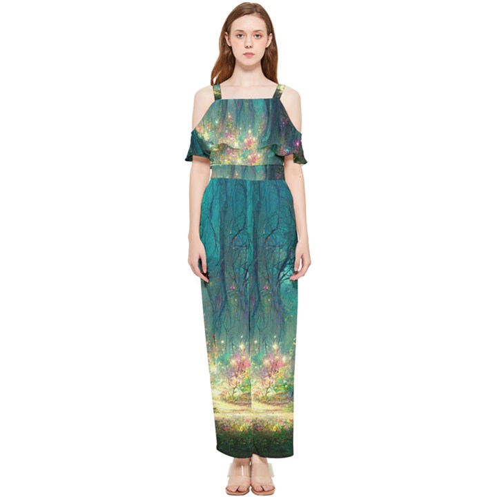 Magical Forest Forest Painting Fantasy Draped Sleeveless Chiffon Jumpsuit