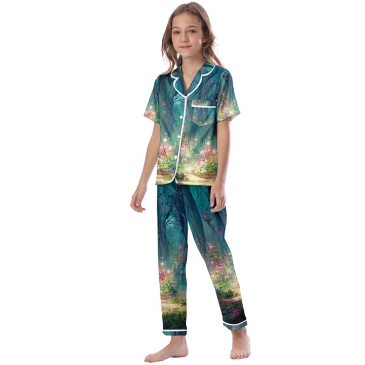 Magical Forest Forest Painting Fantasy Kids  Satin Short Sleeve Pajamas Set