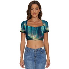 Magical Forest Forest Painting Fantasy Short Sleeve Square Neckline Crop Top  by danenraven